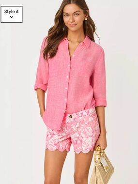Lilly Pulitzer pink sea view  Linen Button-Down Shirt - Women's Top M